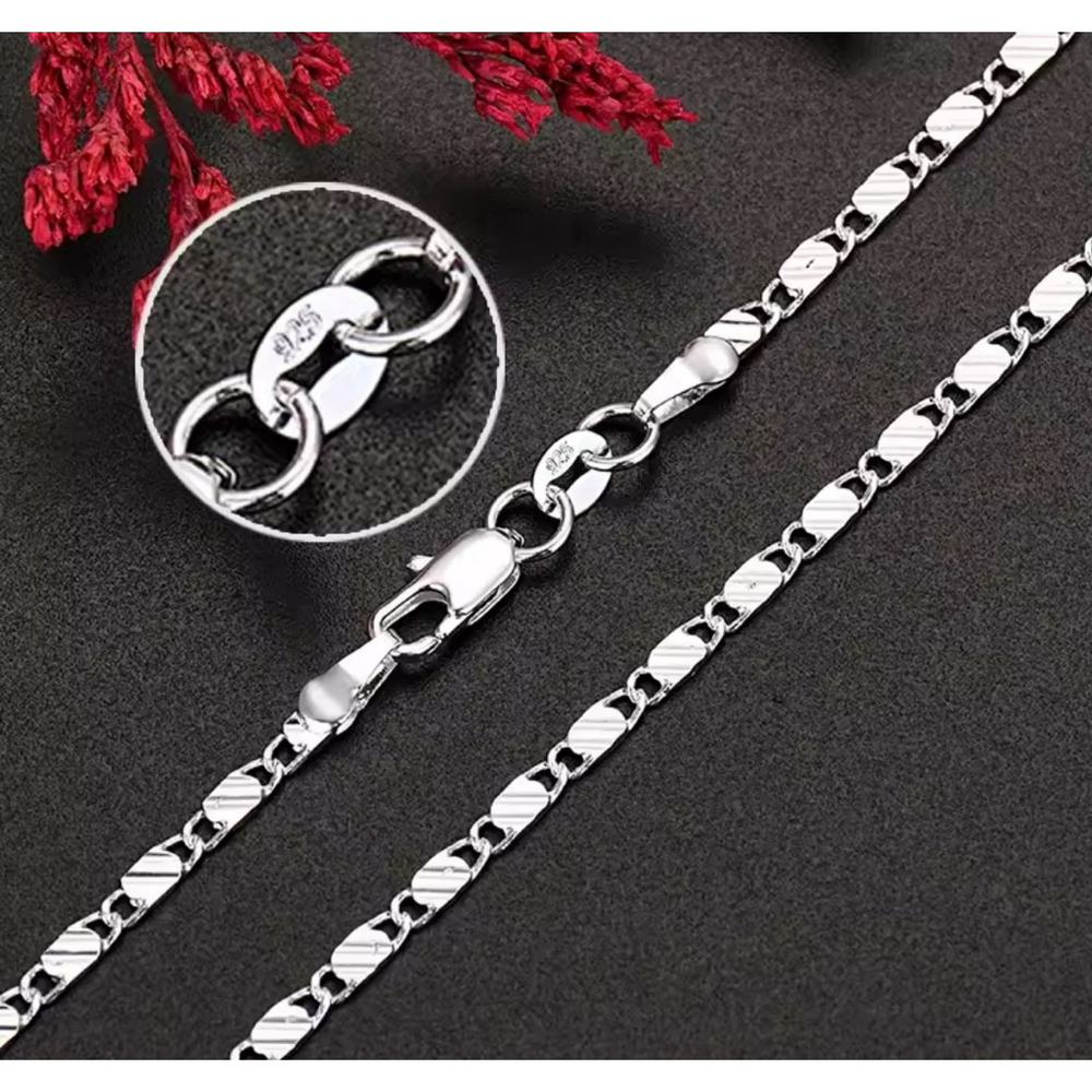 NEW Solid Unisex Flat Mariner White Gold Plated S925 Chain Necklace, 20”
